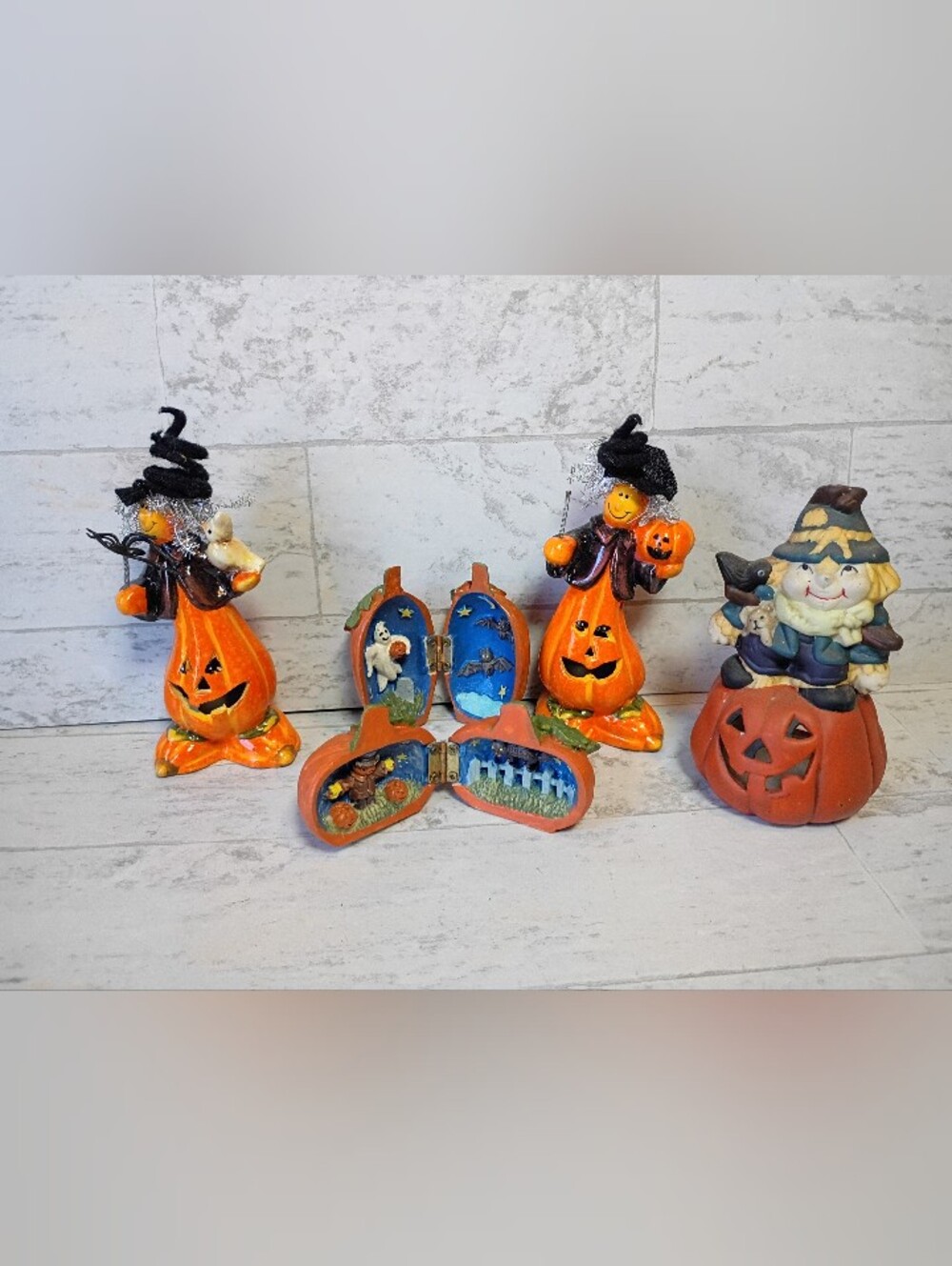 VTG Halloween Pumpkin Figurine Set - Orange Decorative Scene Trio